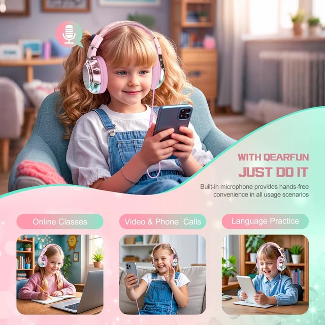 Alt view image 4 of 7 - Kids Headphones with Cord with Mic, 85/94dB Safe Volume Limit foldable on-ear fit, tangle-free cord, sharing port, Kids Wired Headphones for school, Chromebook, tablet, travel, boys girls