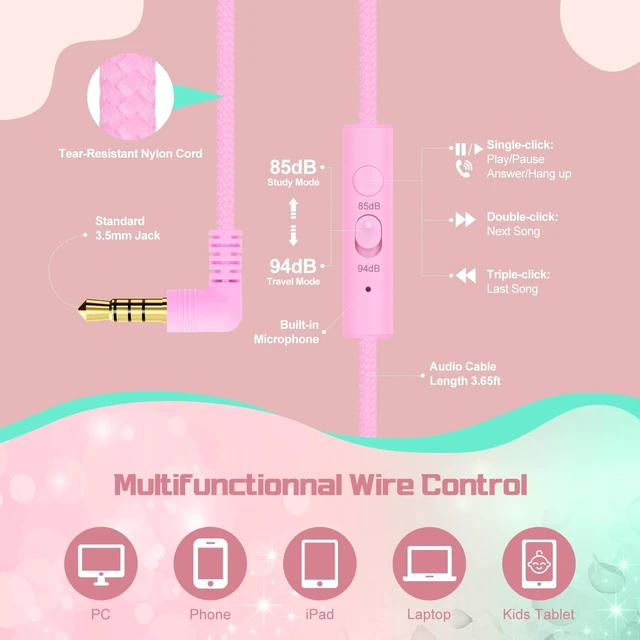 Alt view image 5 of 7 - Kids Headphones with Cord with Mic, 85/94dB Safe Volume Limit foldable on-ear fit, tangle-free cord, sharing port, Kids Wired Headphones for school, Chromebook, tablet, travel, boys girls