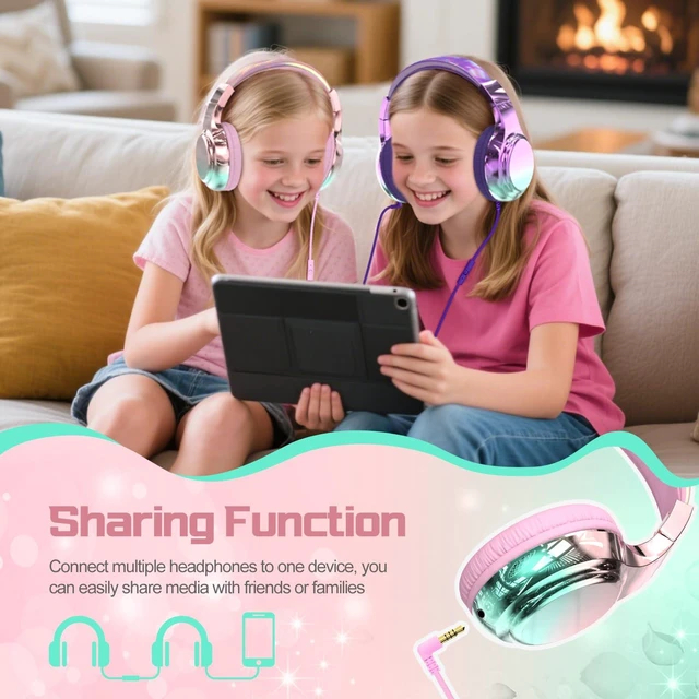 Alt view image 6 of 7 - Kids Headphones with Cord with Mic, 85/94dB Safe Volume Limit foldable on-ear fit, tangle-free cord, sharing port, Kids Wired Headphones for school, Chromebook, tablet, travel, boys girls