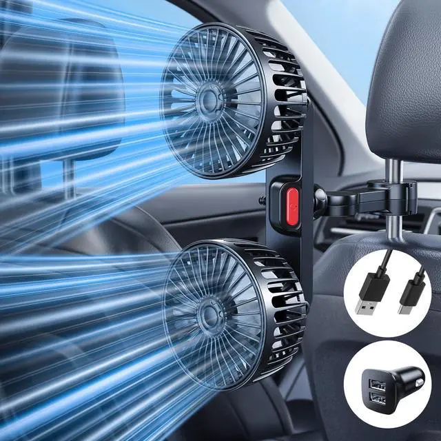 Alt view image 2 of 7 - Dual-Head Rear Seat Car Fan, Powerful Airflow, 360° Rotation, Blows Both Left & Right, Adjustable Angle, Perfect for Pets, Front & Back Seats, USB & 12V/24V Powered
