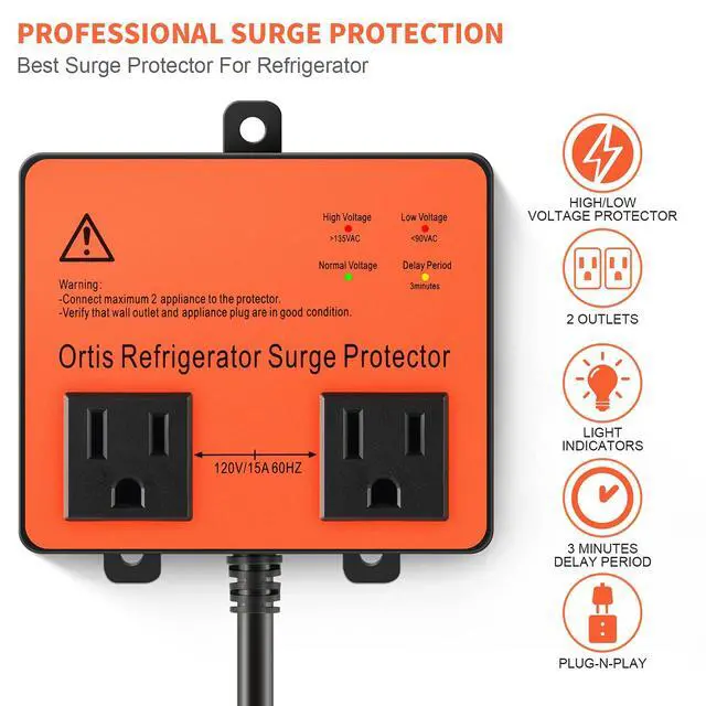 Alt view image 2 of 7 - Refrigerator Surge Protector, Double Outlet Voltage Protector for Home Appliances with Time Delay, Protects Against Brownout, Spike, Instant Surge All Voltage Abnormalities, black