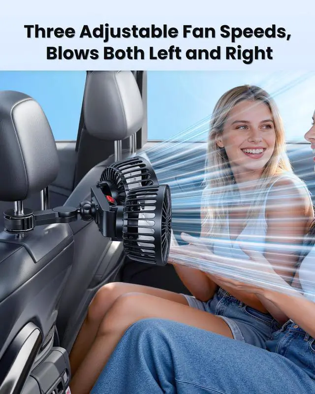 Alt view image 4 of 7 - Dual-Head Rear Seat Car Fan, Powerful Airflow, 360° Rotation, Blows Both Left & Right, Adjustable Angle, Perfect for Pets, Front & Back Seats, USB & 12V/24V Powered