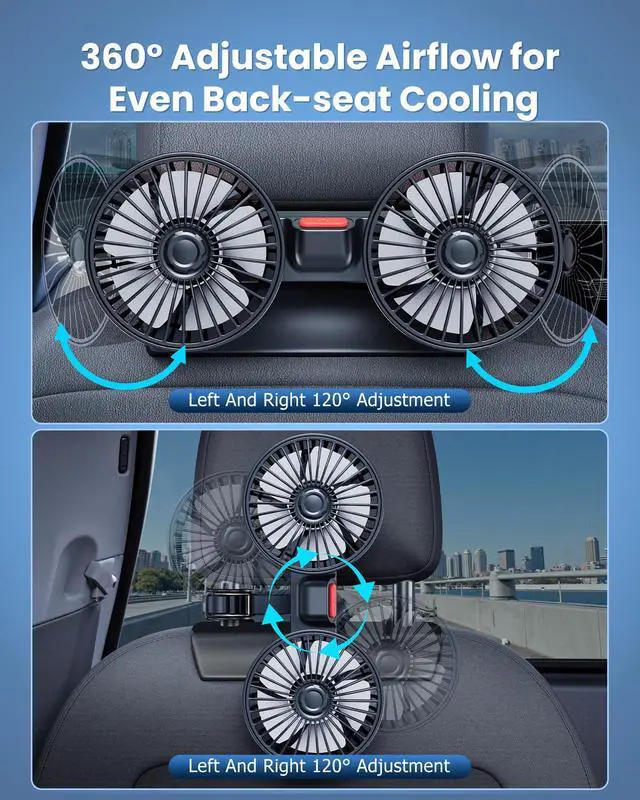 Alt view image 3 of 7 - Dual-Head Rear Seat Car Fan, Powerful Airflow, 360° Rotation, Blows Both Left & Right, Adjustable Angle, Perfect for Pets, Front & Back Seats, USB & 12V/24V Powered