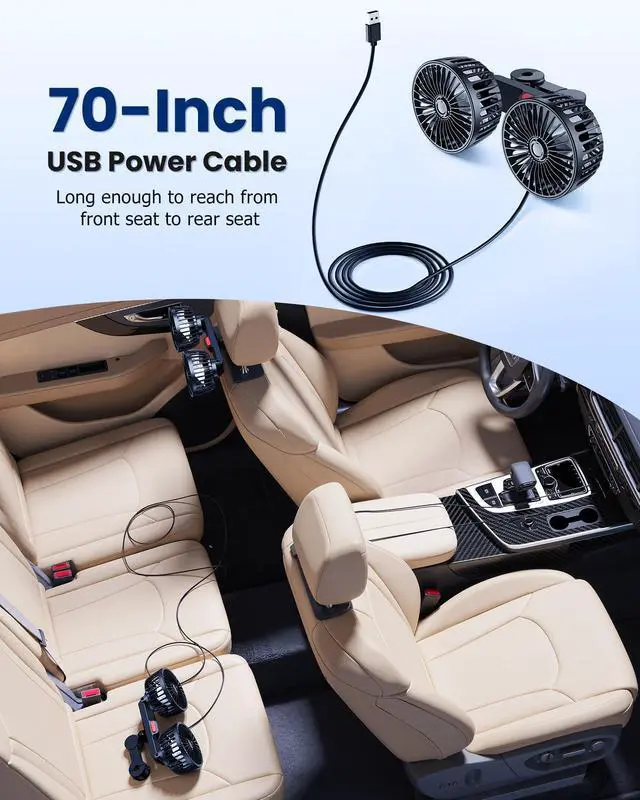Alt view image 5 of 7 - Dual-Head Rear Seat Car Fan, Powerful Airflow, 360° Rotation, Blows Both Left & Right, Adjustable Angle, Perfect for Pets, Front & Back Seats, USB & 12V/24V Powered