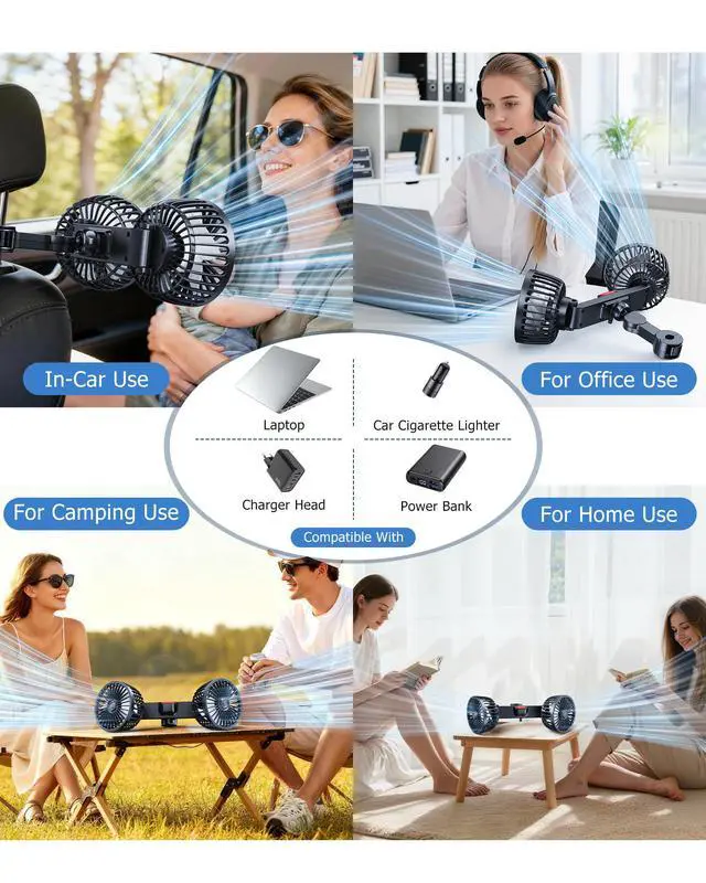 Alt view image 7 of 7 - Dual-Head Rear Seat Car Fan, Powerful Airflow, 360° Rotation, Blows Both Left & Right, Adjustable Angle, Perfect for Pets, Front & Back Seats, USB & 12V/24V Powered