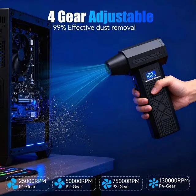 Alt view image 4 of 7 - Compressed Air Duster-130000RPM Super Power Electric Air Duster, 4-Gear Adjustable Mini Blower with Type-C Fast Charging, Dust Blower for Computer, Keyboard, House, Outdoor and Car