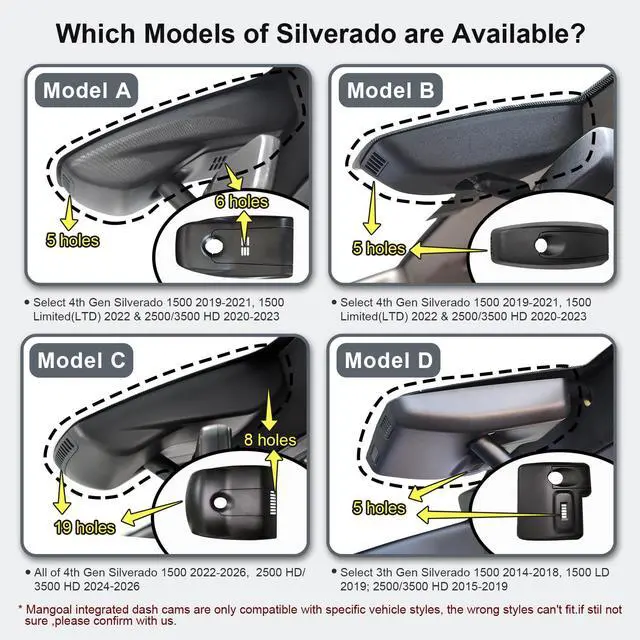 Alt view image 2 of 7 - 4K Dash Cam for Silverado 1500 2022-2026 2500 HD 3500 HD 2024-2026 | Model C, Chevy Silverado, WT RST LTZ Trail Boss High ZR2, UHD 2160P Video, WiFi & APP, 64GB Card, GPS