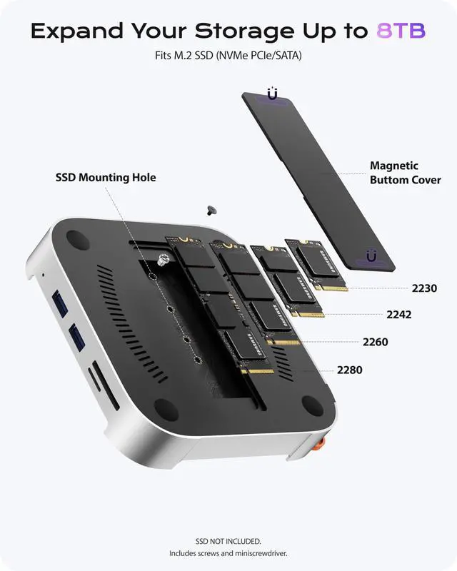Alt view image 3 of 7 - Mac mini M4 Dock Stand with NVMe SATA SSD Enclosure, 8-Port Hub | 10Gbps | Easy Power Button | Stable Wi-Fi | 2* USB A 10Gbps, 4K@60Hz HDMI, SD/TF Slot, 2* USB A, Audio 3.5mm | for M4/M4 Pro