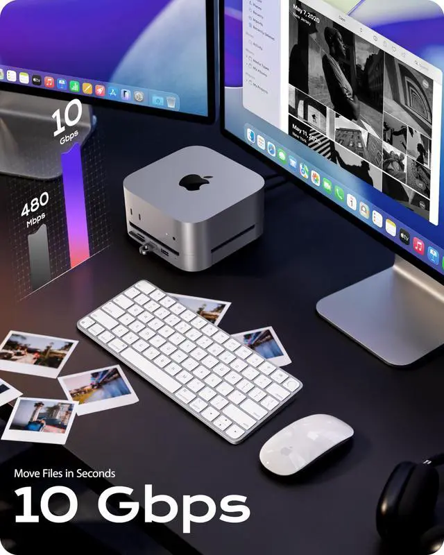 Alt view image 5 of 7 - Mac mini M4 Dock Stand with NVMe SATA SSD Enclosure, 8-Port Hub | 10Gbps | Easy Power Button | Stable Wi-Fi | 2* USB A 10Gbps, 4K@60Hz HDMI, SD/TF Slot, 2* USB A, Audio 3.5mm | for M4/M4 Pro