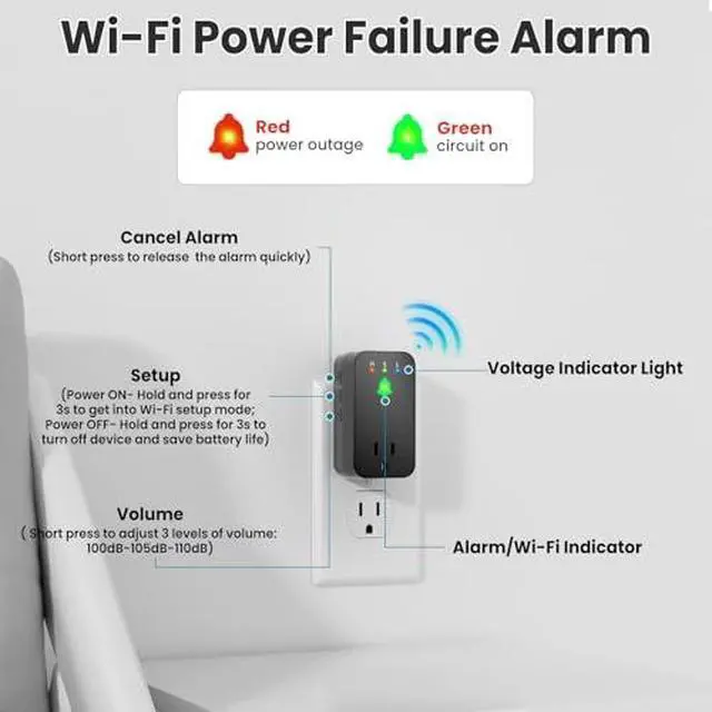 Alt view image 4 of 7 - Power Failure Alarm WiFi, 2 Pack Smart Power Outage Alarm, App Notification | Mini Size, Freezer Alert, Loud 110dB, LED Indicator, Voltage Detection, Home Power Monitor, for GFCI Trips, Sump Pump