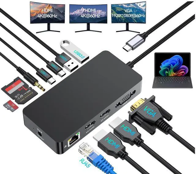 Main image of Surface Thunderbolt 4 Docking Station, 12-in-1 Surface Pro Dock Dual 4K@60Hz HDMI VGA Triple Monitor Adapter Compatible with Microsoft Surface Pro 13 12 11 10 9 8 7 X, Surface Laptop 7 6 5, Go, Book
