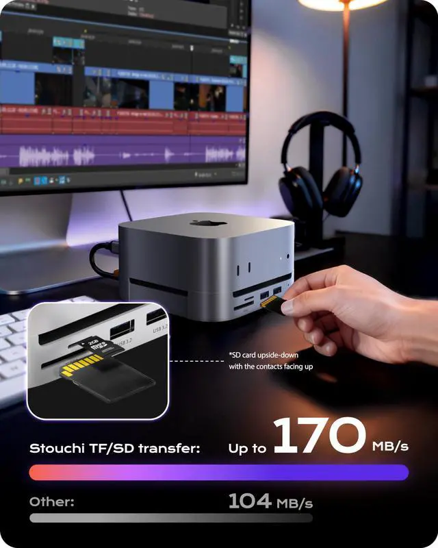 Alt view image 6 of 7 - Mac mini M4 Dock Stand with NVMe SATA SSD Enclosure, 8-Port Hub | 10Gbps | Easy Power Button | Stable Wi-Fi | 2* USB A 10Gbps, 4K@60Hz HDMI, SD/TF Slot, 2* USB A, Audio 3.5mm | for M4/M4 Pro