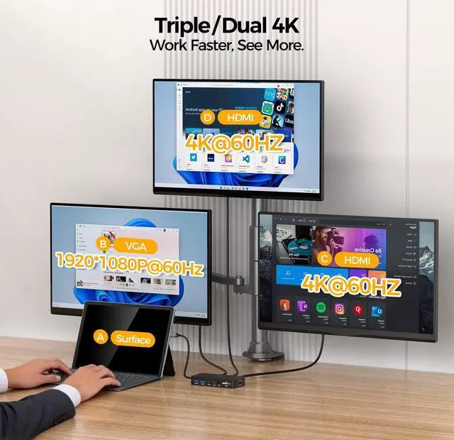 Alt view image 3 of 7 - Surface Thunderbolt 4 Docking Station, 12-in-1 Surface Pro Dock Dual 4K@60Hz HDMI VGA Triple Monitor Adapter Compatible with Microsoft Surface Pro 13 12 11 10 9 8 7 X, Surface Laptop 7 6 5, Go, Book