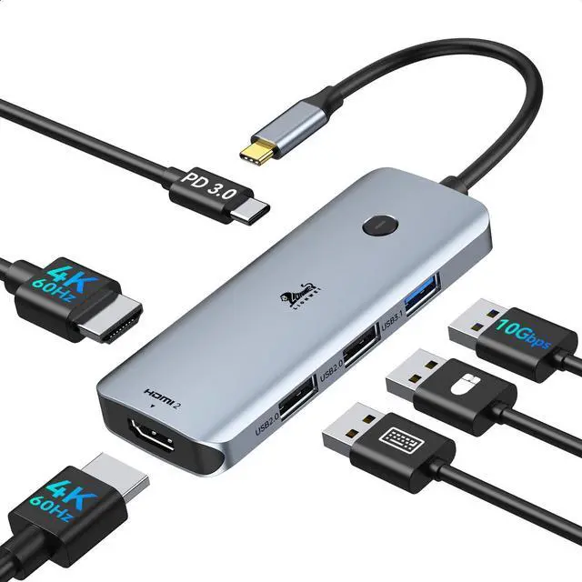 Main image of USB C Docking Station Dual Monitor HDMI, Laptop Multiport Adapter | 7 in 1 USB C to 4K Monitor, MacBook supports Display Spanning mode, with 4K HDMI, Switching Mode Botton, 3 USB, 100W PD Port