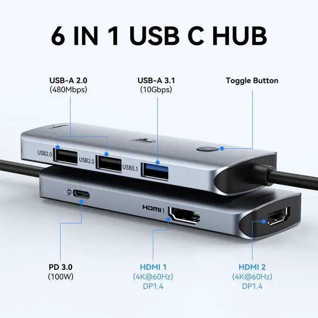 Alt view image 2 of 7 - USB C Docking Station Dual Monitor HDMI, Laptop Multiport Adapter | 7 in 1 USB C to 4K Monitor, MacBook supports Display Spanning mode, with 4K HDMI, Switching Mode Botton, 3 USB, 100W PD Port