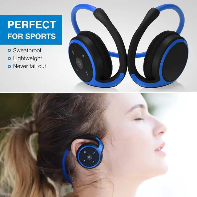 Alt view image 6 of 6 - Small Bluetooth Headphones Wrap Around Head - Sports Wireless Headset with Built in Microphone and Crystal-Clear Sound, Foldable and Carried in The Purse, and 12-Hour Battery Life, Blue