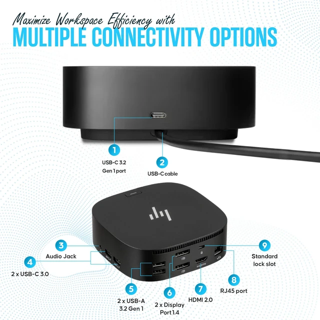 Alt view image 4 of 6 - HP Docking Station for Laptop Dual Monitor and Charging - 5TW10AA G5 Dock HP USB-C Dock with HDMI, 2 DisplayPort, USB-A, USB-C, Audio, Gigabit Ethernet & 120W Adap ter for Dual Monitor Setup