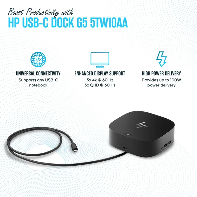 Alt view image 3 of 6 - HP Docking Station for Laptop Dual Monitor and Charging - 5TW10AA G5 Dock HP USB-C Dock with HDMI, 2 DisplayPort, USB-A, USB-C, Audio, Gigabit Ethernet & 120W Adap ter for Dual Monitor Setup