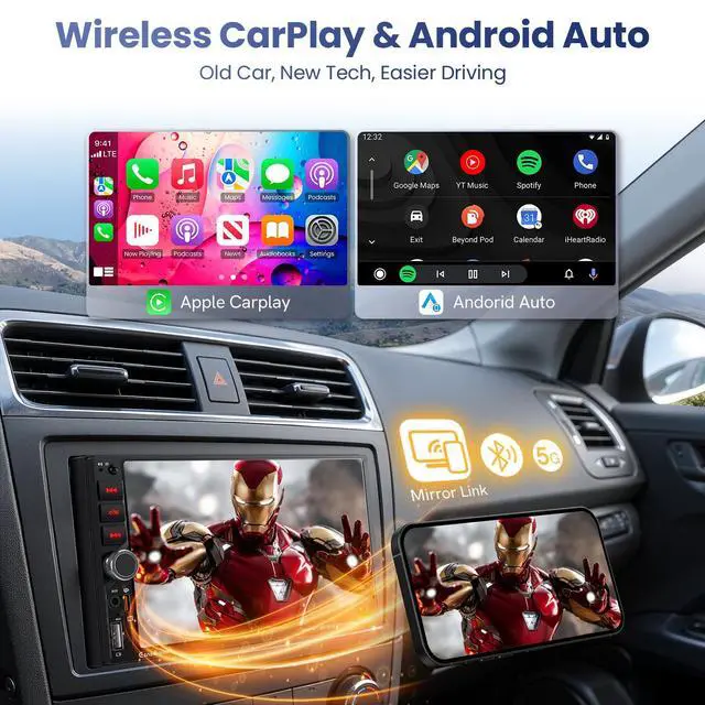 Alt view image 2 of 7 - 7" Double Din Car Stereo with Wireless Apple CarPlay & Android Auto | QLED IPS Touchscreen Car Radio,Bluetooth 6.0,Type-C Fast Charging,1080P Backup Camera,Voice Control,Gps,AM&FM,Mirror Link,EQ