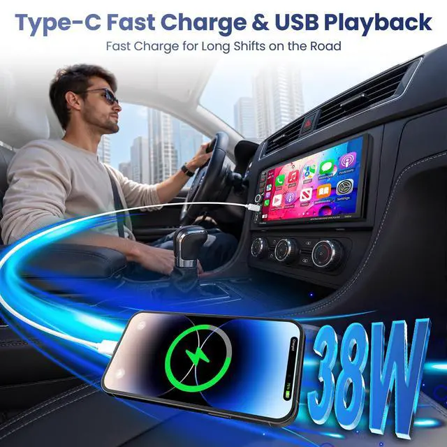 Alt view image 7 of 7 - 7" Double Din Car Stereo with Wireless Apple CarPlay & Android Auto | QLED IPS Touchscreen Car Radio,Bluetooth 6.0,Type-C Fast Charging,1080P Backup Camera,Voice Control,Gps,AM&FM,Mirror Link,EQ