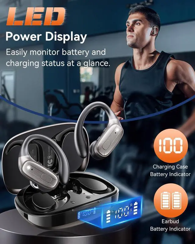 Alt view image 2 of 7 - Wireless Earbuds, Bluetooth Headphones 5.4, Ear Buds with Hooks for Sports, 80Hr Playtime Earphones, LED Display, IPX7 Waterproof Headset for Workout Running, Taupe