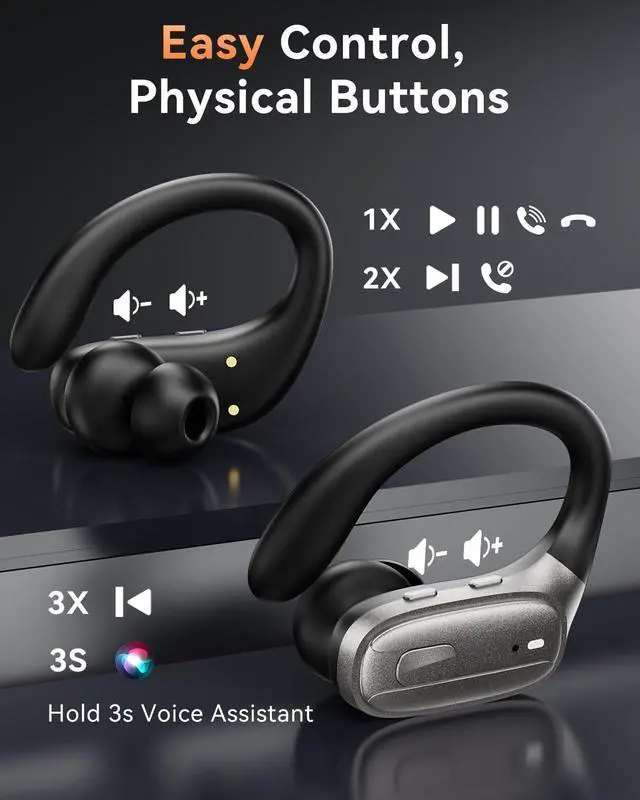 Alt view image 6 of 7 - Wireless Earbuds, Bluetooth Headphones 5.4, Ear Buds with Hooks for Sports, 80Hr Playtime Earphones, LED Display, IPX7 Waterproof Headset for Workout Running, Taupe