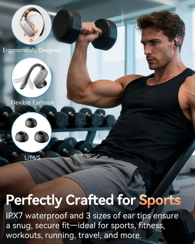 Alt view image 5 of 7 - Wireless Earbuds, Bluetooth Headphones 5.4, Ear Buds with Hooks for Sports, 80Hr Playtime Earphones, LED Display, IPX7 Waterproof Headset for Workout Running, Taupe