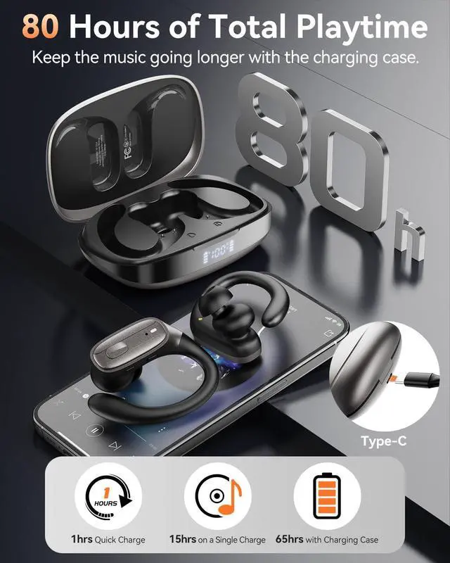 Alt view image 4 of 7 - Wireless Earbuds, Bluetooth Headphones 5.4, Ear Buds with Hooks for Sports, 80Hr Playtime Earphones, LED Display, IPX7 Waterproof Headset for Workout Running, Taupe