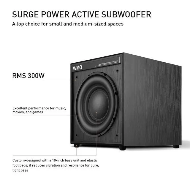 Alt view image 2 of 7 - 10" Powered Home Subwoofer, 300W RMS, High-Fidelity Bass, MDF Enclosure with Heat Sink