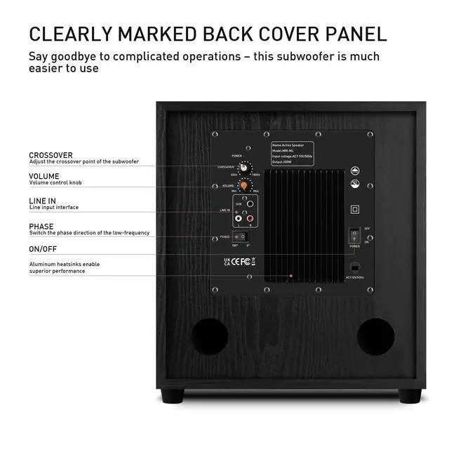 Alt view image 3 of 7 - 10" Powered Home Subwoofer, 300W RMS, High-Fidelity Bass, MDF Enclosure with Heat Sink