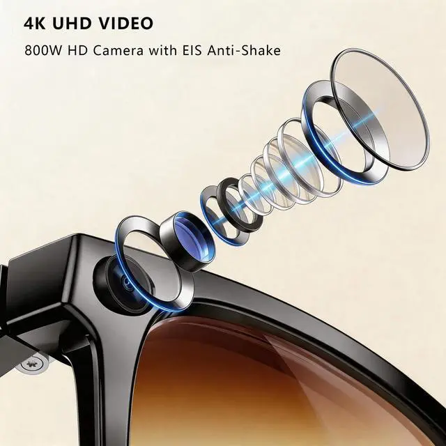 Alt view image 2 of 7 - Smart Glasses with 4K Camera & EIS, Audio Video Recording Glasses with Live Translation Voice Assistant, Gradient Tea Sunglasses Lenses, UV400 Protection TR90 Frame
