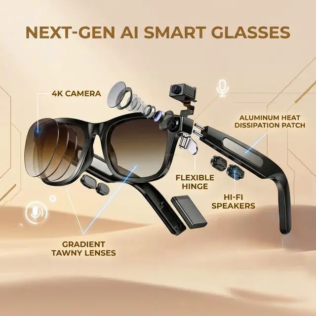 Alt view image 7 of 7 - Smart Glasses with 4K Camera & EIS, Audio Video Recording Glasses with Live Translation Voice Assistant, Gradient Tea Sunglasses Lenses, UV400 Protection TR90 Frame