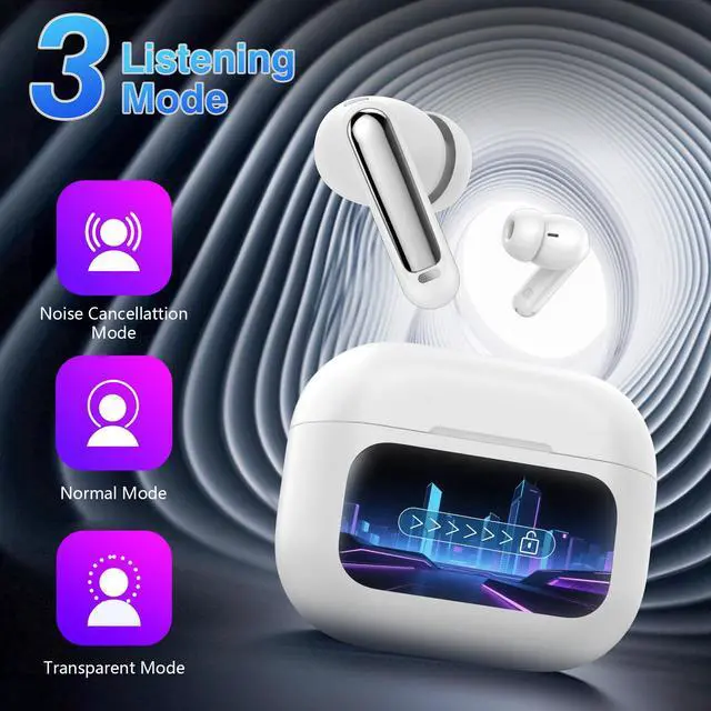 Alt view image 2 of 7 - Wireless Earbuds with Touch Screen, 2026 New Bluetooth 5.4 Headphones with ANC/ENC Mic, 50H HiFi Stereo Ear Buds with 5 EQ Modes, Transparency Mode, IPX7 Earphones for Running/Fitness, White