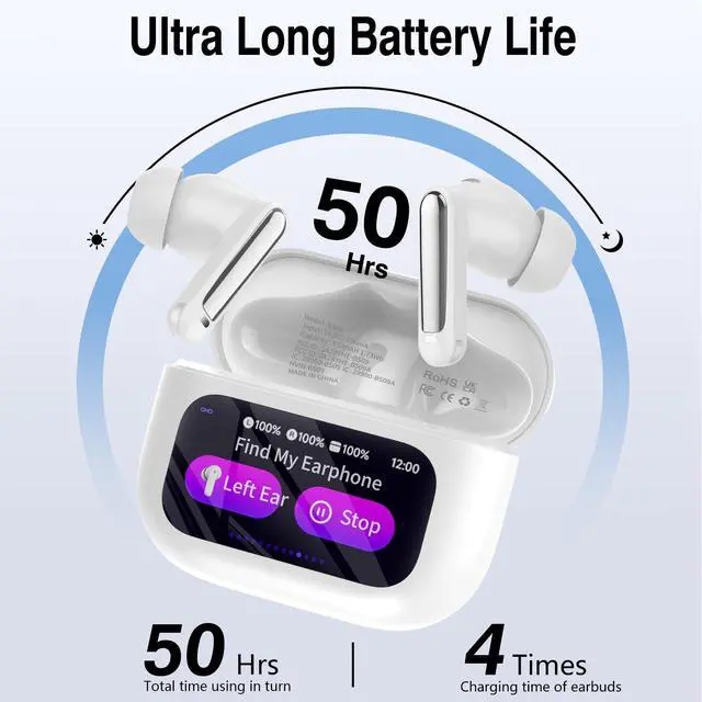 Alt view image 5 of 7 - Wireless Earbuds with Touch Screen, 2026 New Bluetooth 5.4 Headphones with ANC/ENC Mic, 50H HiFi Stereo Ear Buds with 5 EQ Modes, Transparency Mode, IPX7 Earphones for Running/Fitness, White