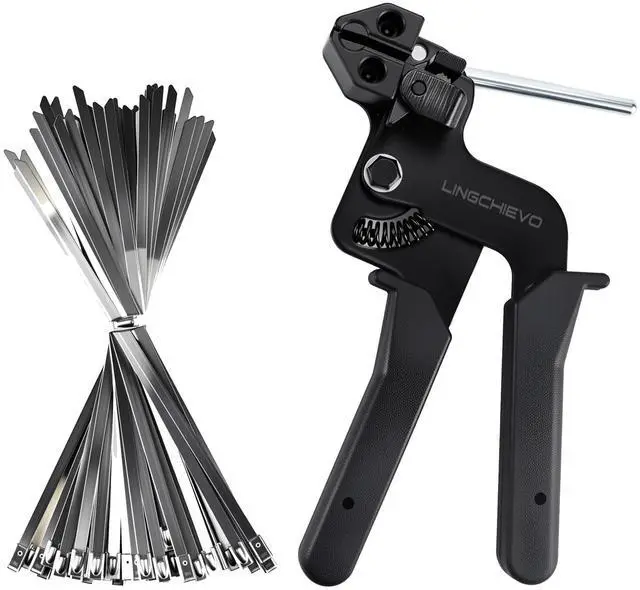 Main image of Metal Zip Tie Gun with 100 PCS 11.8inch Stainless steel Zip Ties | Heavy Duty Zip Tie Tool for Fastening and Cutting Cable Ties,Chain Link Fence Parts for Fence Exhaust Pipe Outdoor