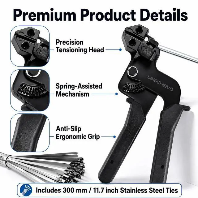 Alt view image 3 of 5 - Metal Zip Tie Gun with 100 PCS 11.8inch Stainless steel Zip Ties | Heavy Duty Zip Tie Tool for Fastening and Cutting Cable Ties,Chain Link Fence Parts for Fence Exhaust Pipe Outdoor