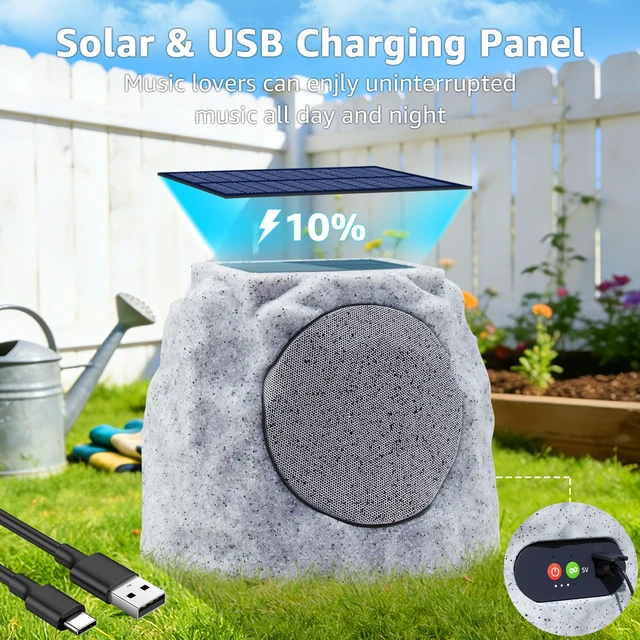 Alt view image 2 of 7 - 1-Pack Outdoor Rock Speakers Waterproof Patio with Lights Color,Multi-Sync Up to 100 Speakers&TWS Pair,Solar Powered and USB Rechargeable for Pool Party Yard Garden Outside