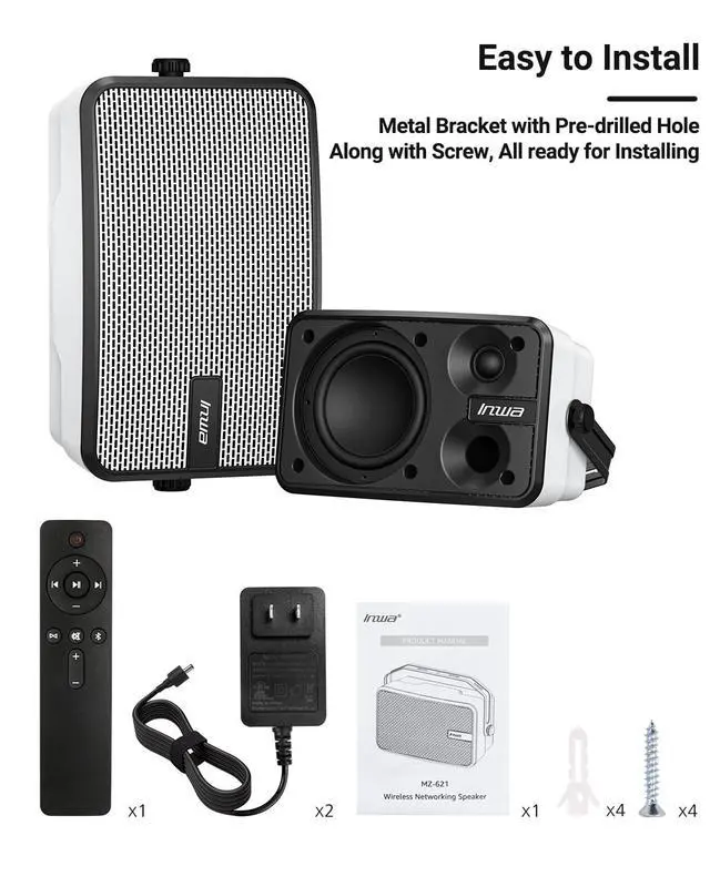 Alt view image 6 of 6 - Outdoor Bluetooth Speakers, IPX5 Waterproof 400W Wall Mount Speaker, Powerful Indoor/Outdoor Sound System, Wireless Sync Up to 100 Speakers, Suitable for Patio/Porch/Gazebo/Garage(MZ-621, Pair)