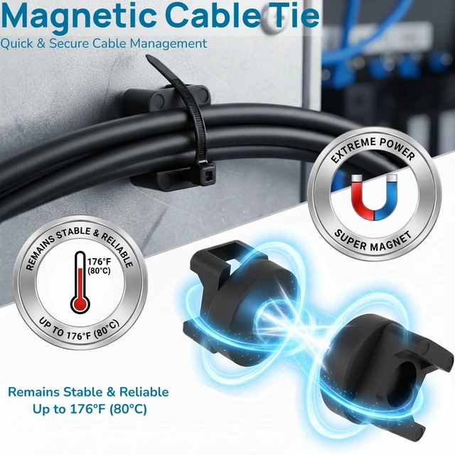 Alt view image 2 of 7 - 225-Pc Magnetic Cable Ties Set,Magnetic Zip Tie Mounts & Cable Ties | Magnetic Wire Holder, 25 Magnetic Cable Holders & 200 Zip Ties, Magnet Cable Tie Mounts for Cables, Wires, Cords, Hoses-22 mm