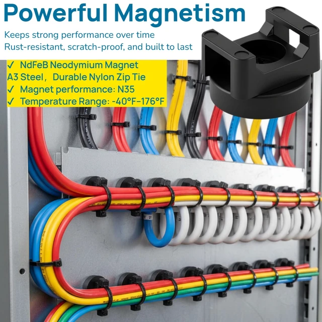 Alt view image 4 of 7 - 225-Pc Magnetic Cable Ties Set,Magnetic Zip Tie Mounts & Cable Ties | Magnetic Wire Holder, 25 Magnetic Cable Holders & 200 Zip Ties, Magnet Cable Tie Mounts for Cables, Wires, Cords, Hoses-22 mm