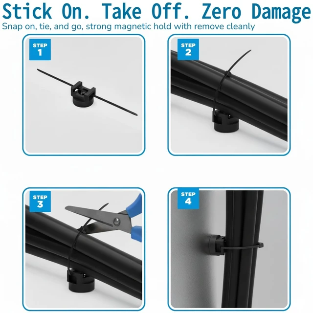 Alt view image 6 of 7 - 225-Pc Magnetic Cable Ties Set,Magnetic Zip Tie Mounts & Cable Ties | Magnetic Wire Holder, 25 Magnetic Cable Holders & 200 Zip Ties, Magnet Cable Tie Mounts for Cables, Wires, Cords, Hoses-22 mm