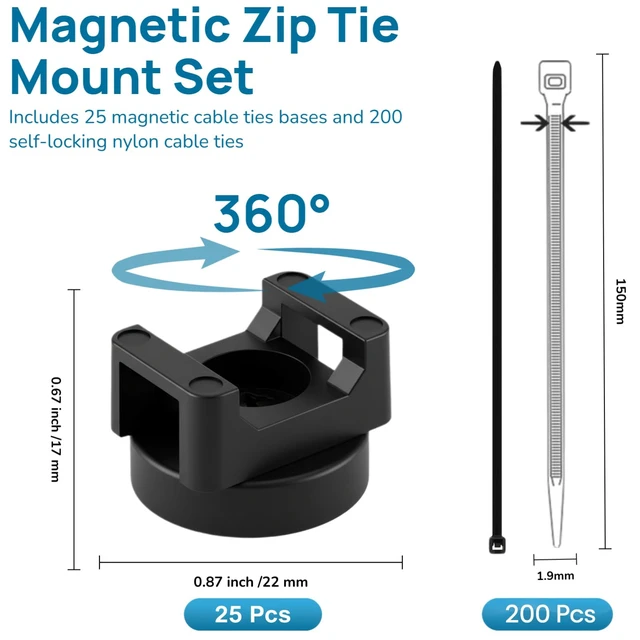 Alt view image 3 of 7 - 225-Pc Magnetic Cable Ties Set,Magnetic Zip Tie Mounts & Cable Ties | Magnetic Wire Holder, 25 Magnetic Cable Holders & 200 Zip Ties, Magnet Cable Tie Mounts for Cables, Wires, Cords, Hoses-22 mm