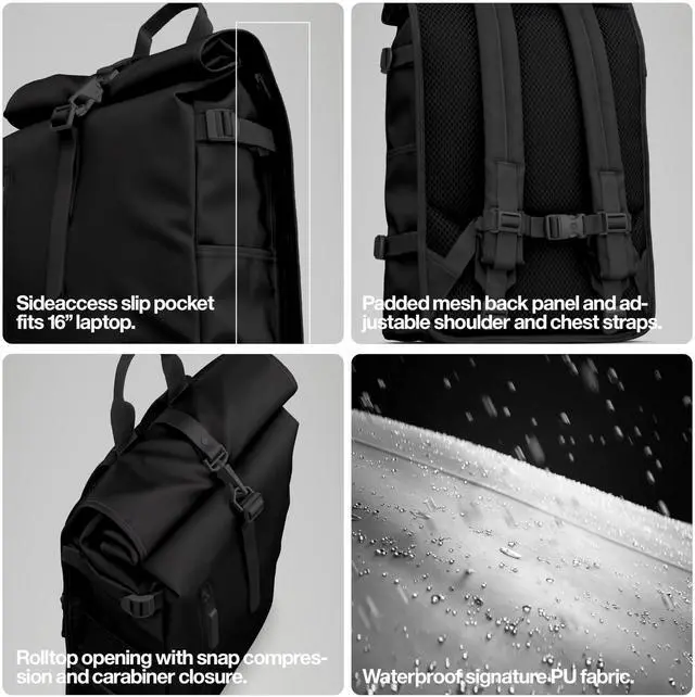 Alt view image 2 of 7 - Rolltop Rucksack Large Waterproof Laptop Backpack for Men, Commuter | Waterproof rolltop backpack with a 16 in laptop pocket and carabiner closure - a commuter bag for cycling, work, and travel
