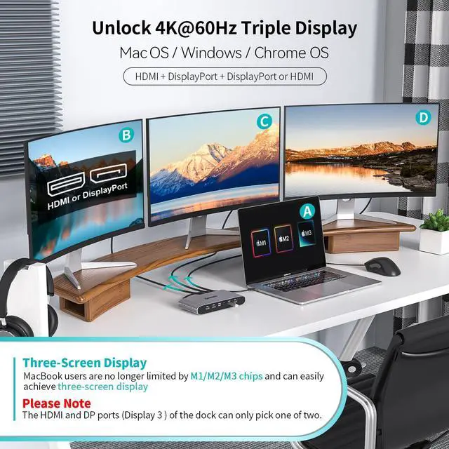 Alt view image 3 of 7 - DS808 DisplayLink Docking Station 3 Monitors with 2 HDMI 2 DP | 100W PD, USB-C Data, Gigabit Ethernet, Audio, 4 USB-A, DisplayLink Dock for Macbook M1/M2/M3/M4/M5 and Windows Laptops