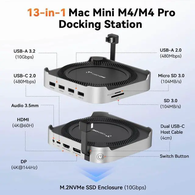 Alt view image 2 of 7 - 13-in-1 Mac mini M4 Dock with 8TB SSD Enclosure & Power Button | Hub Stand for Mac mini M4/M4 Pro, 4K@144Hz DP, 4K@60Hz HDMI, 5 USB (Max 10Gbps), SD/micro SD, Audio, for Home & Business
