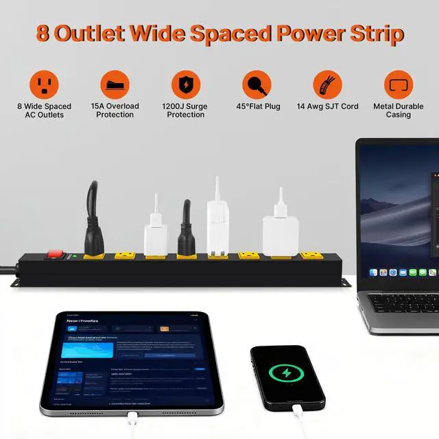 Alt view image 6 of 7 - Metal 8 Outlet Mountable Power Strip with 1200J Surge Protector 6FT Cord | Wall Mount Heavy Duty Long Power Strip,Wide Spaced Outlet with Switch