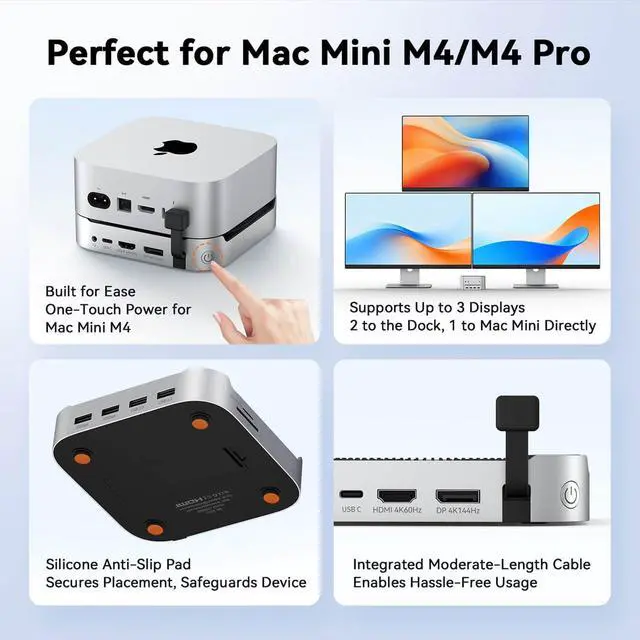 Alt view image 4 of 7 - 13-in-1 Mac mini M4 Dock with 8TB SSD Enclosure & Power Button | Hub Stand for Mac mini M4/M4 Pro, 4K@144Hz DP, 4K@60Hz HDMI, 5 USB (Max 10Gbps), SD/micro SD, Audio, for Home & Business