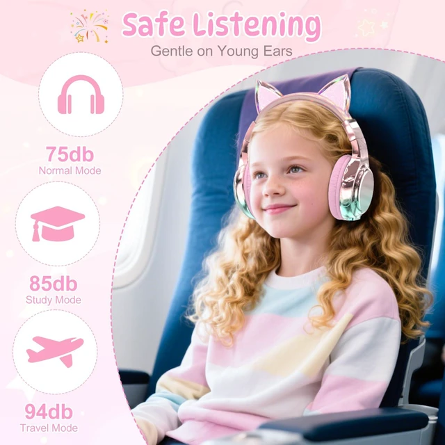 Alt view image 2 of 7 - Kids Cat Ear Bluetooth Headphones, 60H, 74/85/94dB Volume Limit For school with mic, fast charging, foldable design, wired mode, Wireless headphones for kids, girls boys, tablet, travel