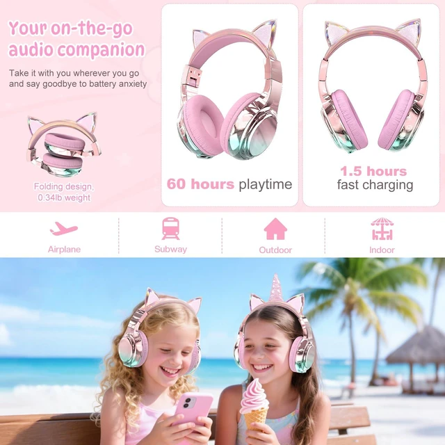 Alt view image 3 of 7 - Kids Cat Ear Bluetooth Headphones, 60H, 74/85/94dB Volume Limit For school with mic, fast charging, foldable design, wired mode, Wireless headphones for kids, girls boys, tablet, travel