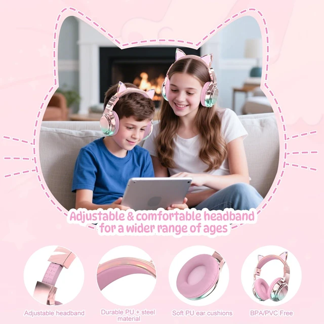 Alt view image 4 of 7 - Kids Cat Ear Bluetooth Headphones, 60H, 74/85/94dB Volume Limit For school with mic, fast charging, foldable design, wired mode, Wireless headphones for kids, girls boys, tablet, travel